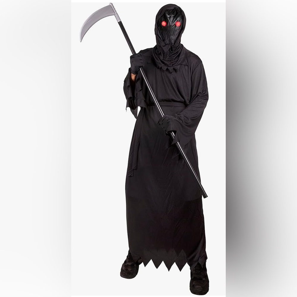 Halloween Costume Grim Reaper with glowing red eyes. Size M (8-10)